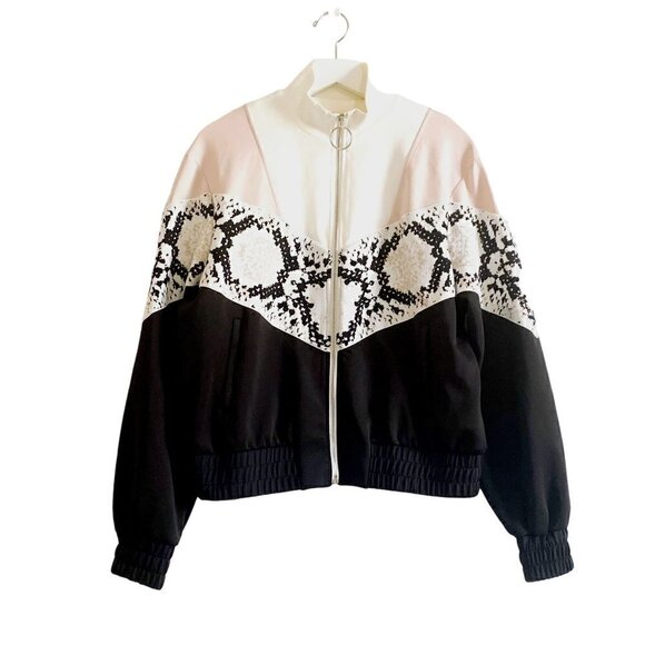 Maje Thelo Color-Blocked Neoprene Zip Track Jacket size 2/M, black, white, cream - Picture 3 of 15